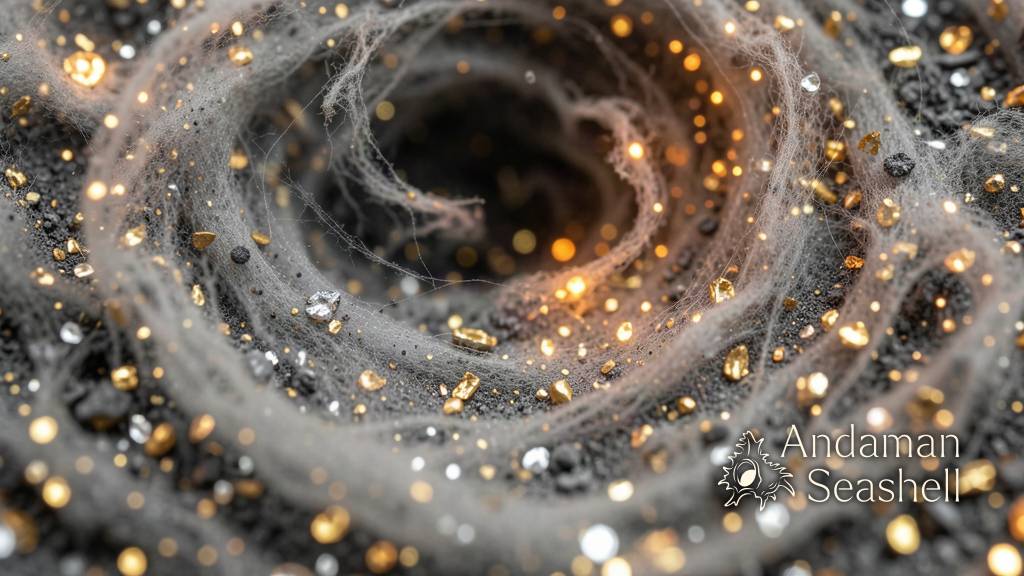 Macro view of a swirling disk of grey-gold ash and shimmering metallic specks around a dead star