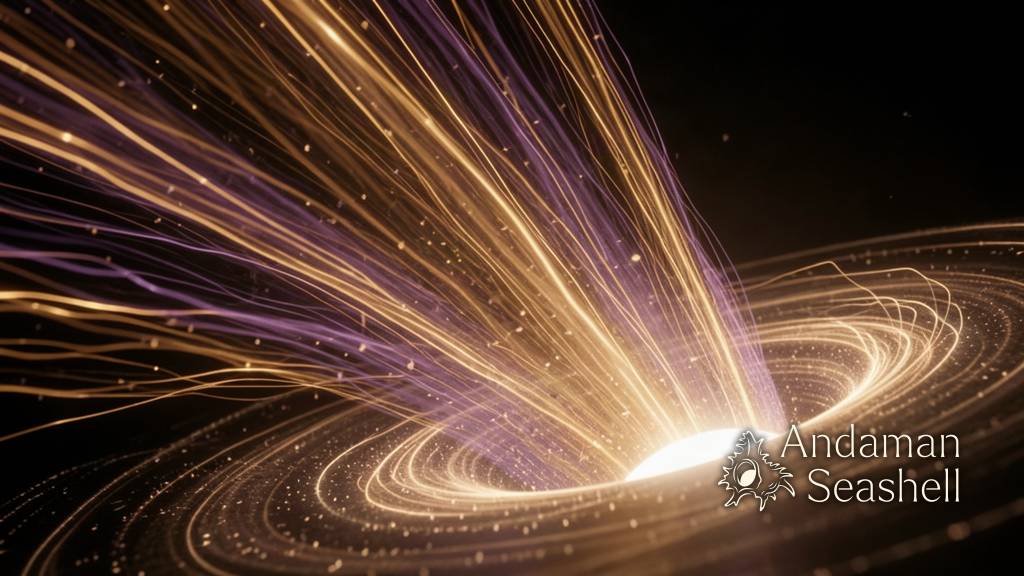 Ribbons of glowing amber and violet planetary gas raining down toward a white dwarf star