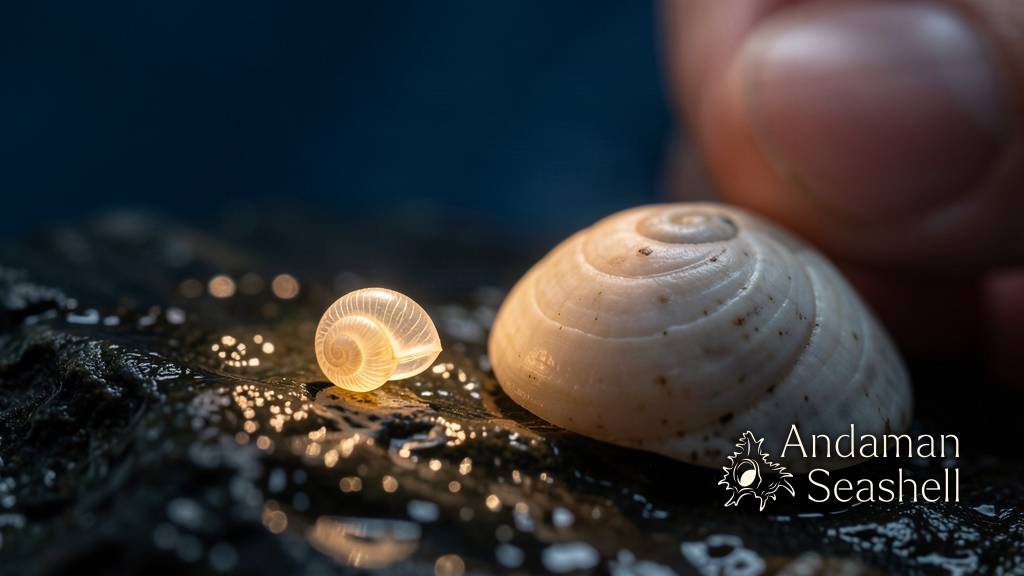 Macro view of a millimetre-scale larval shell beside an adult limpet shell, growth rings visible