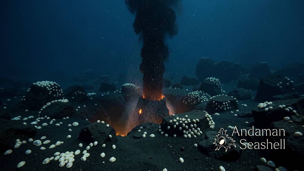 A tiny pale-golden limpet at the boundary between dark vent waters and sunlit ocean above