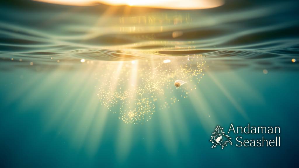 Sunlit ocean surface water with drifting plankton and one tiny transparent larva
