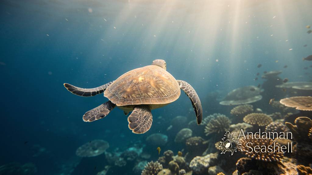 A sea turtle swimming away into sunlit open blue water