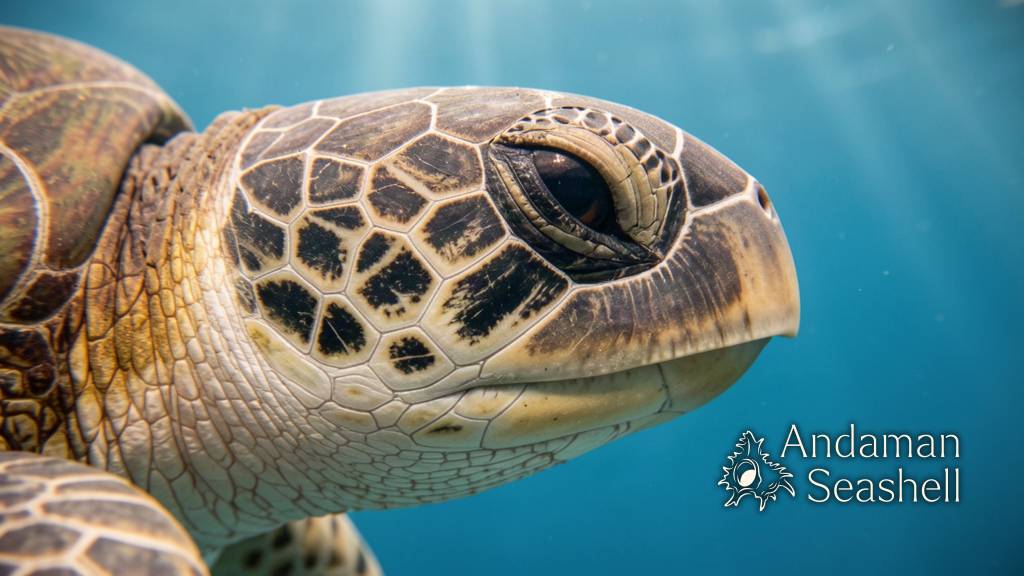 Close-up of a sea turtle's head showing unique facial scale mosaic