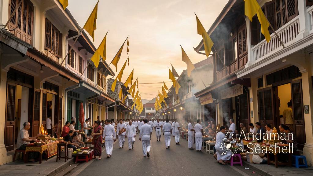 At dusk, local families set up small altars and offering tables outside Sino-Portuguese shophouses along a Phuket Town street dressed with yellow festival flags