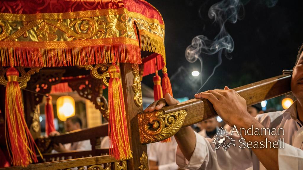 Close detail of a gilded palanquin corner with red and gold silk tassels and a ceremonial umbrella, lit by warm lantern light