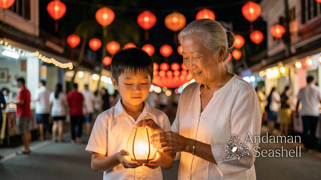 A child in a white shirt holding a small glowing paper lantern beside her grandmother, with blurred festival lights behind
