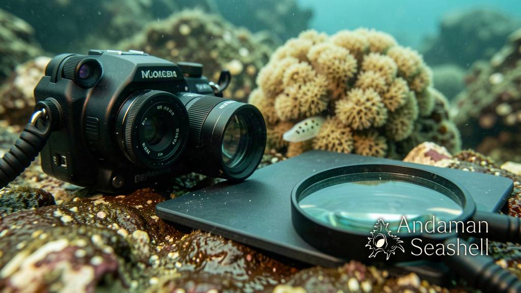 A scientific diver's slate and hand lens resting beside a camera on a rocky reef, with tiny encrusting bryozoan colonies visible on the stone