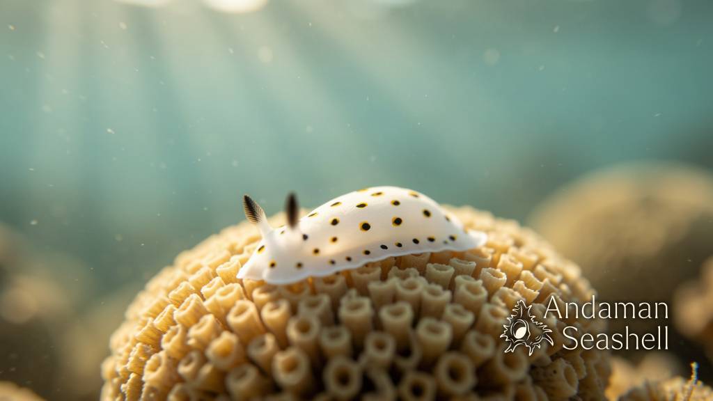 A calm close-up underwater scene of a minute spotted sea slug on a bryozoan, soft light rays fading into a gentle blue-green distance