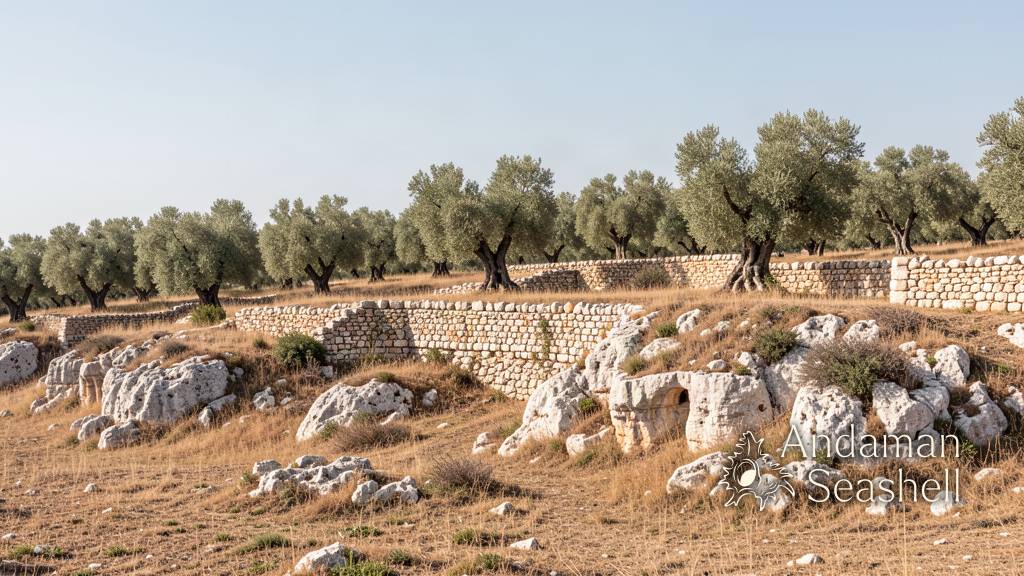 Sunlit olive grove on a pale limestone ridge in southern Apulia, near the Cave of the Venuses