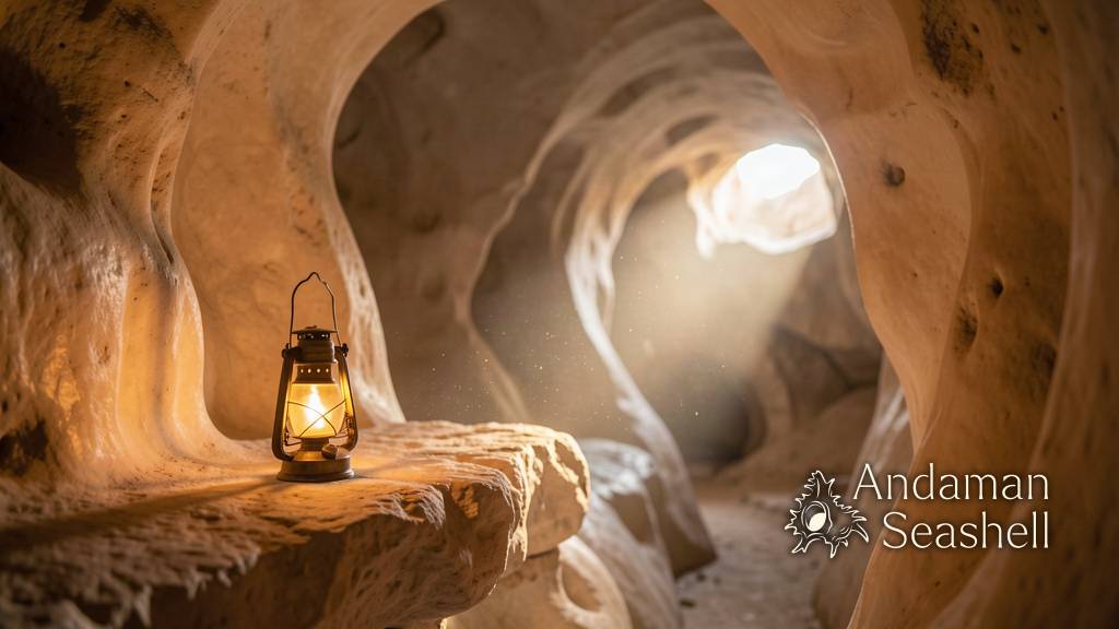 Warm lantern light glowing over the smooth pale walls of a limestone cave gallery