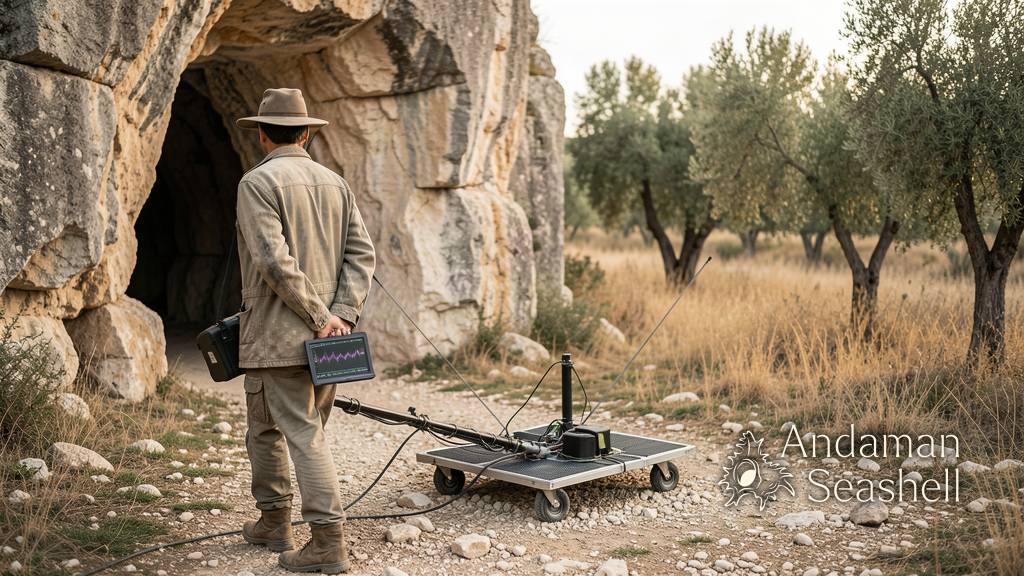 A scientist guides a ground-penetrating radar sled across stony ground beside a limestone cave entrance