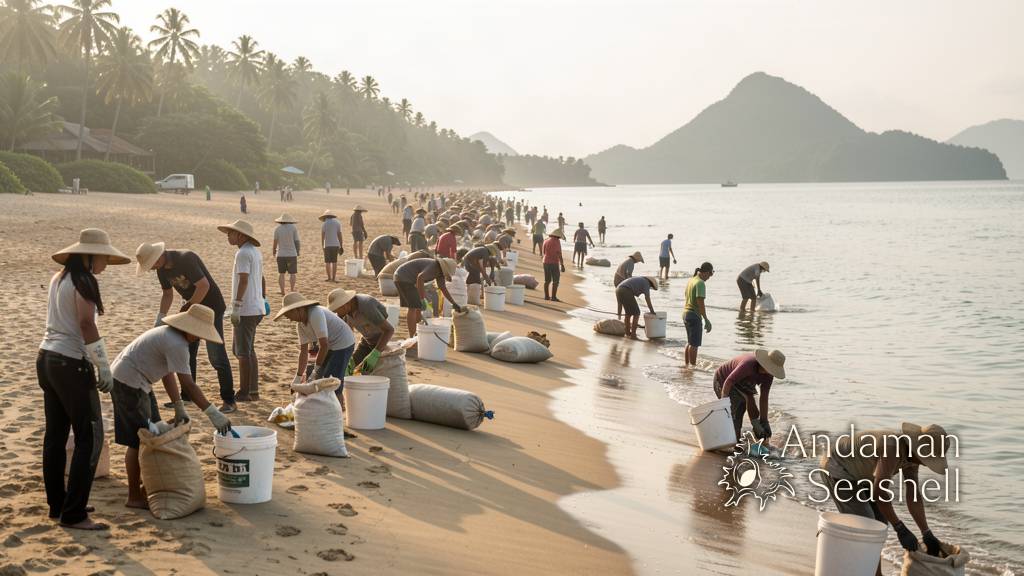 Volunteers spreading out across a wide Khao Lak beach at first light