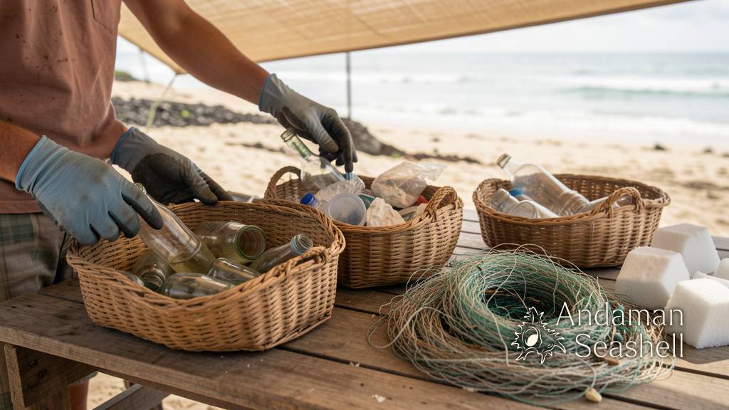 Hands sorting collected waste into separate bags at a sorting station