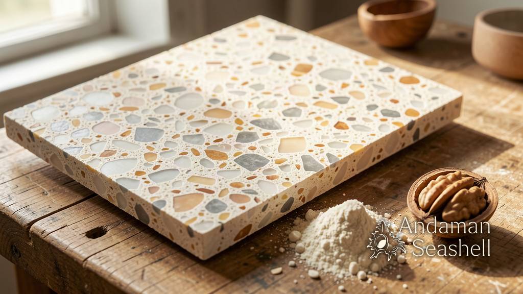 Macro detail of a pressed eggshell and nutshell composite tile