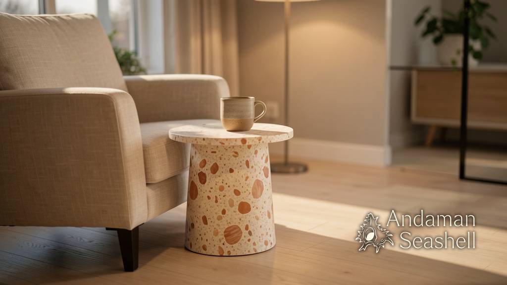 A calm living room corner with shell-composite side table