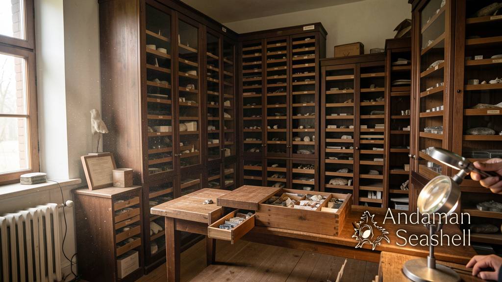 A giant isopod specimen resting in an open wooden museum drawer under warm archive light