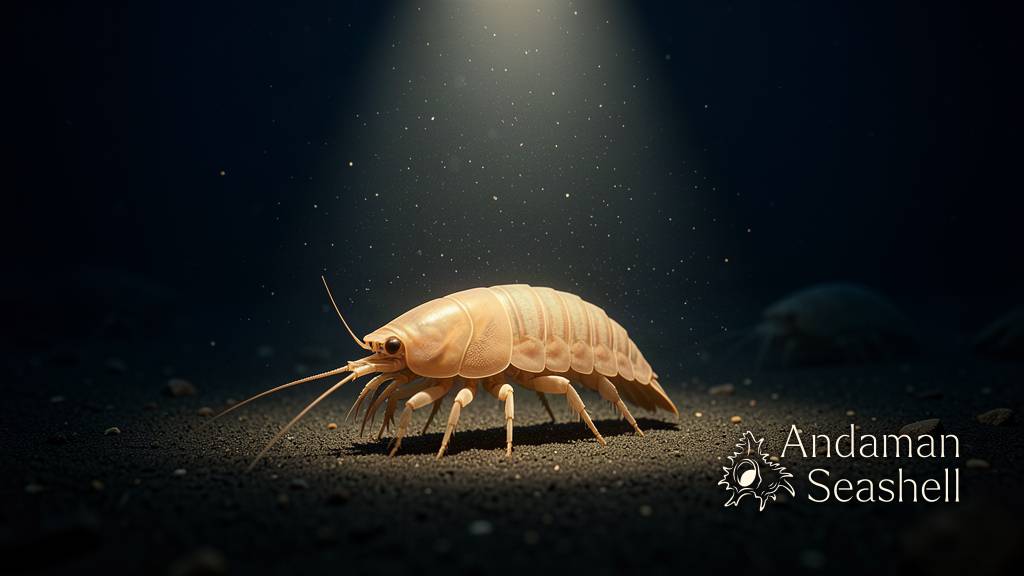 A living giant isopod walking across a dark deep-sea floor under faint submersible light