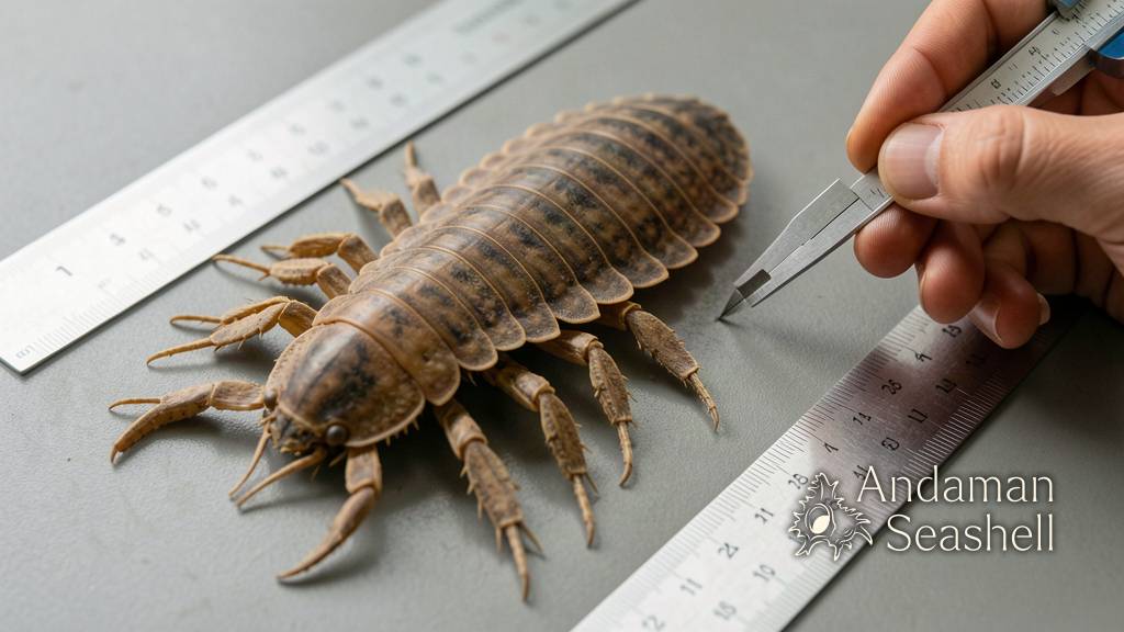 Close-up of the dried segmented exoskeleton of the giant isopod specimen being measured on a laboratory bench