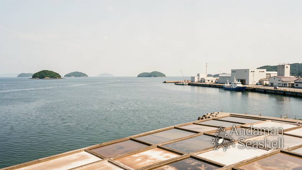 Wide view of the calm Setouchi industrial coastline with islands and salt pools