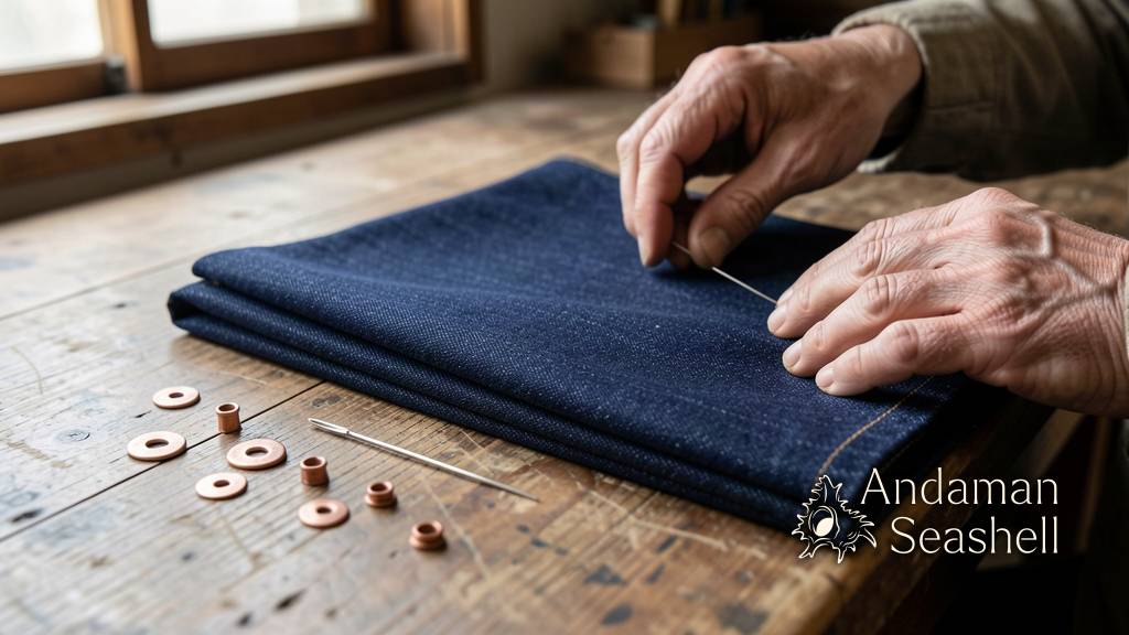 Macro detail of indigo selvedge denim on a Japanese workshop table with copper rivets