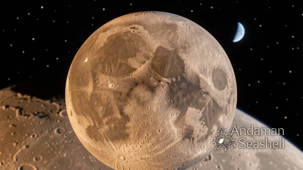 The heavily cratered far side of the Moon seen from orbit, a small blue Earth glowing above the horizon