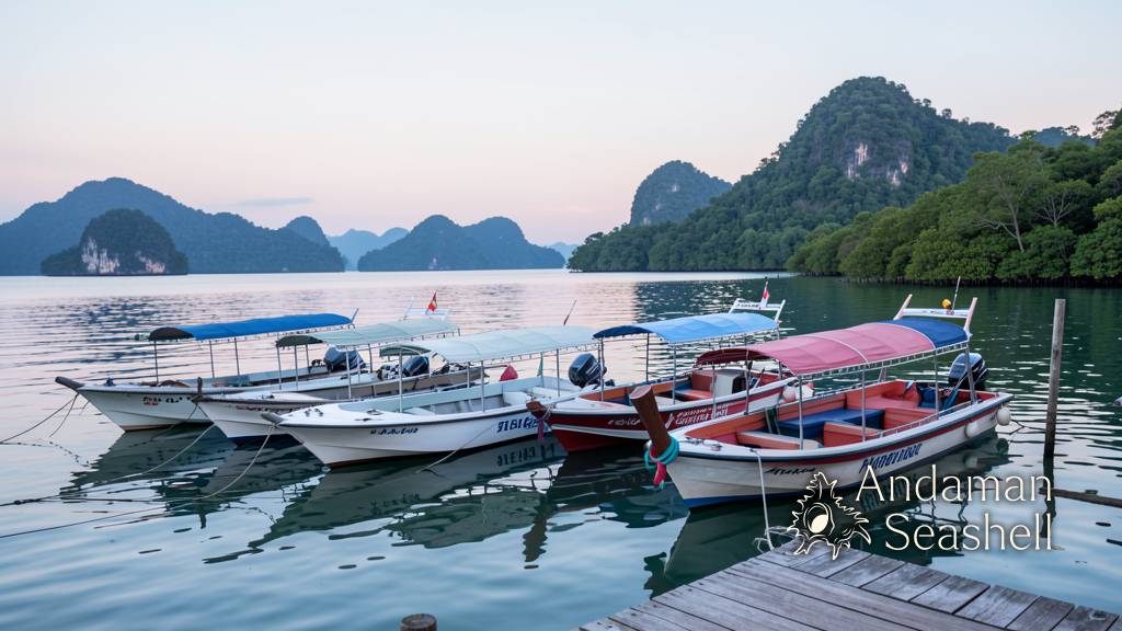 Speedboats moored at a Phang Nga pier at first light, ready for the Similan Islands season