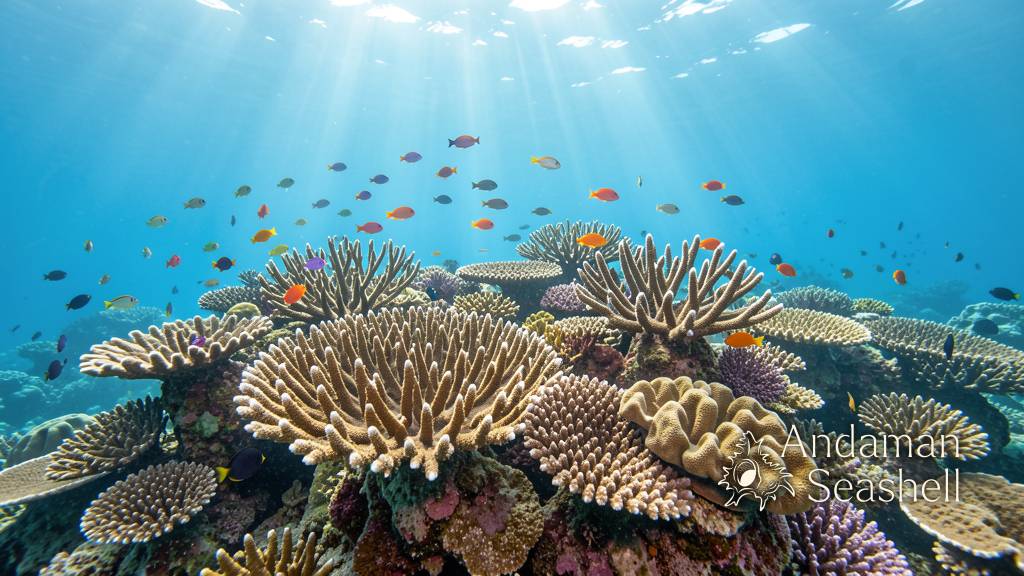 Healthy tropical coral reef with schools of reef fish in clear Andaman Sea water